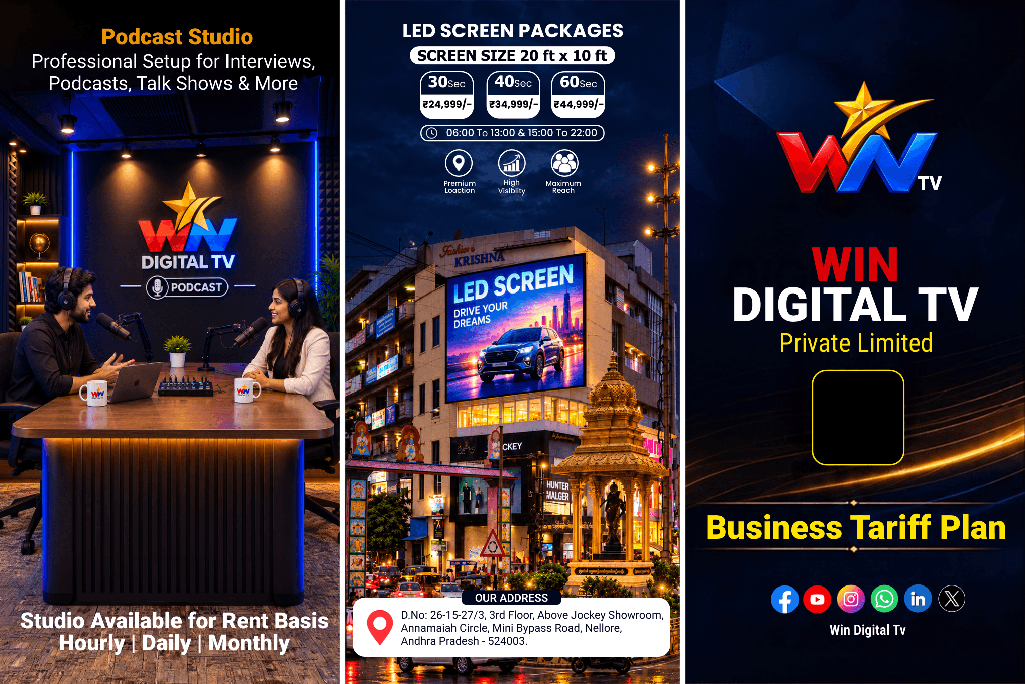 WIN Digital TV business tariff plan with podcast studio and LED screen packages